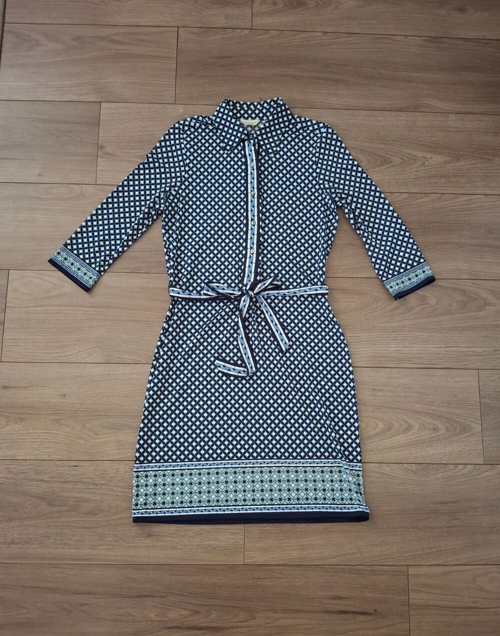 Max Studio Women's Belted Shirt Dress XS Blue Geometric Print 3/4 Sleeves